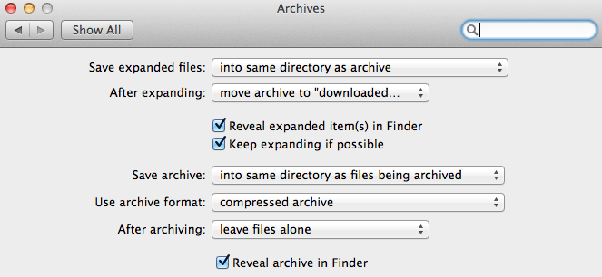 OS X Archives Settings Panel